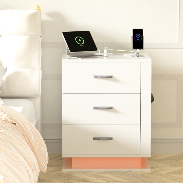 RGB LED With with Charging Station and USB Ports 3 Drawer Side Cabinet Bedside Table Nightstand Left Side White