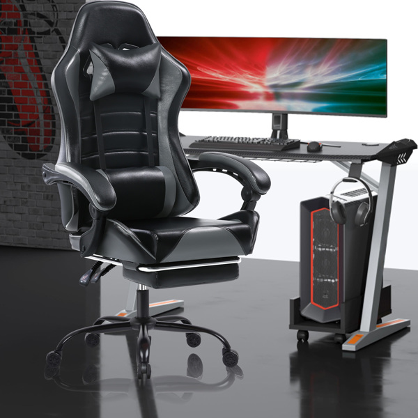 Computer Gaming Chairs with Footrest, Ergonomic Gaming Computer Chair for Adults, PU Leather Office Chair Adjustable Desk Chairs with Wheels, 360°Swivel Big and Tall Gamer Chair, Gray