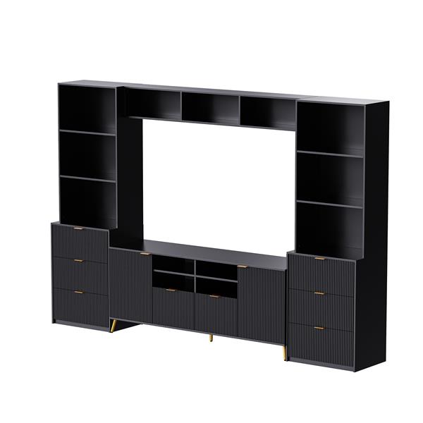 4-Piece Entertainment Wall Unit with 13 shelves,8 Drawers and 2 Cabinets, Multifunctional TV Stand Media Storage Cabinet with Fluted Line Surface for Living Room, for TVs Up to 70"