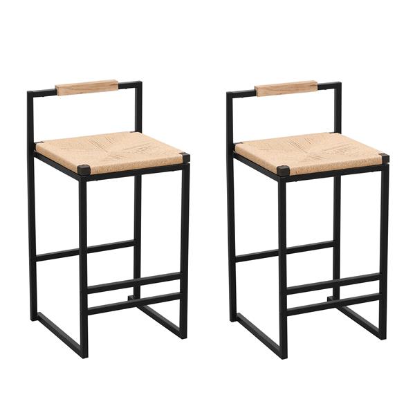 Set of 2 Bar Stools with Back  Paper Rope Woven Counter Height Dining Chairs for Kitchen, Home (Paper Rope with Back)