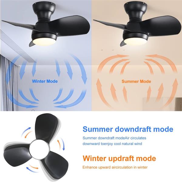 23 Inch Bedroom Ceiling Fan With 3 Color Dimmable 3 ABS Blades Remote Control DC Motor Black With 18W Led Light