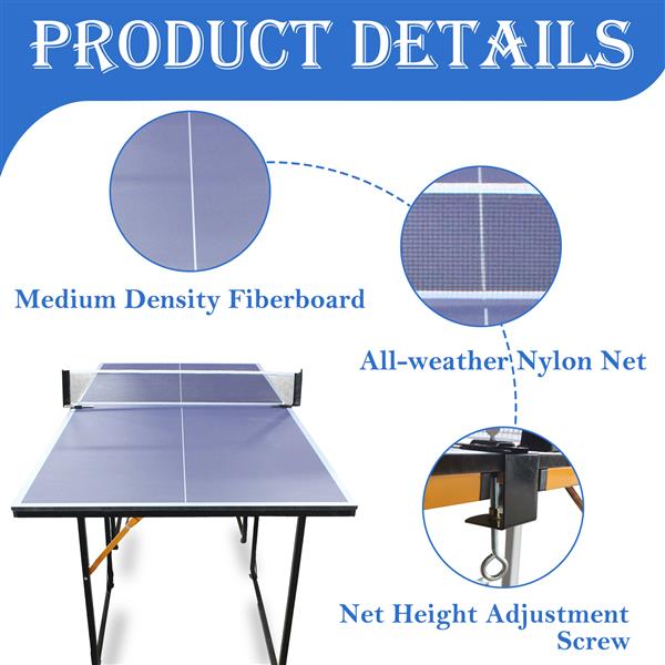 6ft Mid-Size Table Tennis Table Foldable & Portable Ping Pong Table Set for Indoor & Outdoor Games with Net, 2 Table Tennis Paddles and 3 Balls Blue