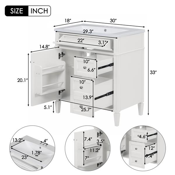 30'' Bathroom Vanity with Top Sink, Modern Bathroom Storage Cabinet with 2 Drawers and a Tip-out Drawer, Single Sink Bathroom Vanity