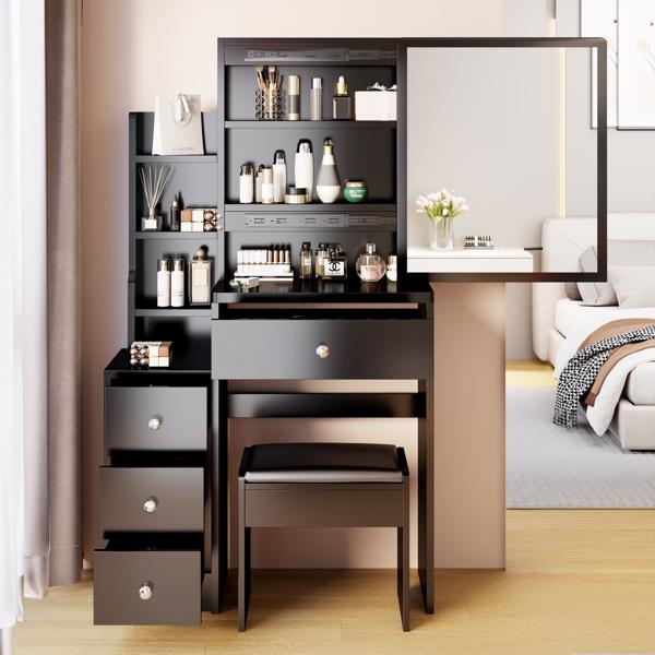 Small Space Left Bedside Cabinet Vanity Table + Cushioned Stool, Extra Large Right sliding mirror, Multi Layer High Capacity Storage, Practical Fashionable Dresser, Suitable for Girls Up to 5.6ft Tall