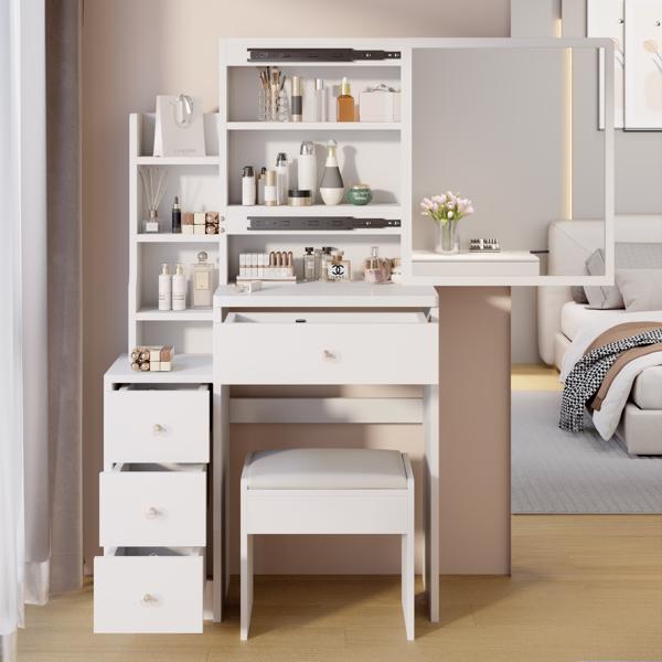 Small Space Left Bedside Cabinet Vanity Table + Cushioned Stool, Extra Large Right sliding mirror, Multi Layer High Capacity Storage, Practical Fashionable Dresser, Suitable for Girls Up to 5.6ft Tall