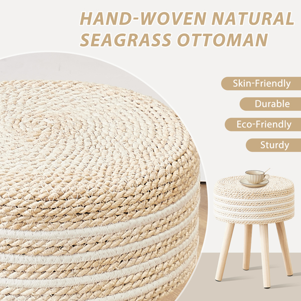 Amazon Shipping Round Ottoman Footstool Natural Seagrass Foot Stool Pouf Ottomans with Solid Wood Legs Hand Weave Hyacinth Footrest Step Stool for Living Room Balcony Garden