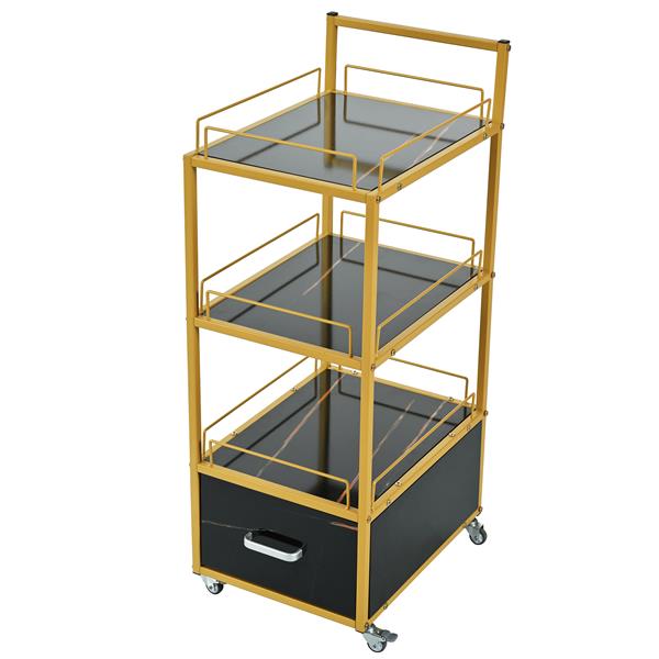 Beauty Salon Storage Trolley Cart,with Lockable Rolling Wheels,Metal Frame Marbled Board,Drawer Barber Salon Furniture,Black