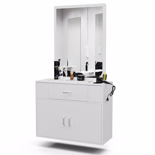 Wall Mount Salon Station with Mirror, Styling Station Barber Station Spa Salon Equipment w/Appliance Holders/Drawer/Storage Cabinet (White)