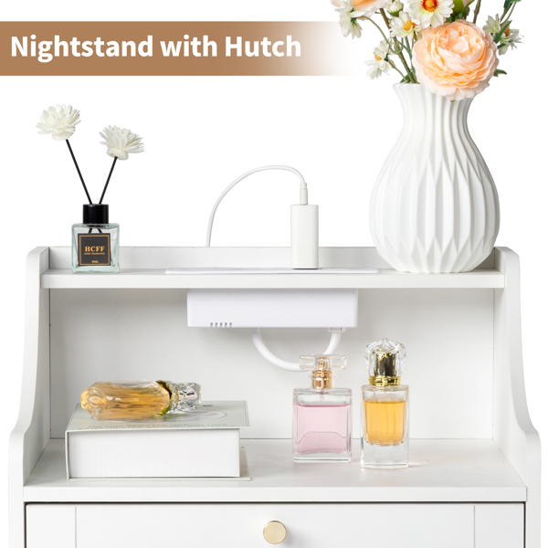 FCH white particleboard with triamine matt gold tapered handle 45*35*73cm rattan three drawers with compartments bedside table 1 wireless + 2 USB ports + 2 US standard three-plug ports