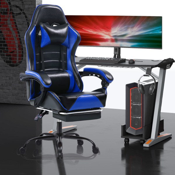 Computer Gaming Chairs with Footrest, Ergonomic Gaming Computer Chair for Adults, PU Leather Office Chair Adjustable Desk Chairs with Wheels, 360°Swivel Big and Tall Gamer Chair, Blue