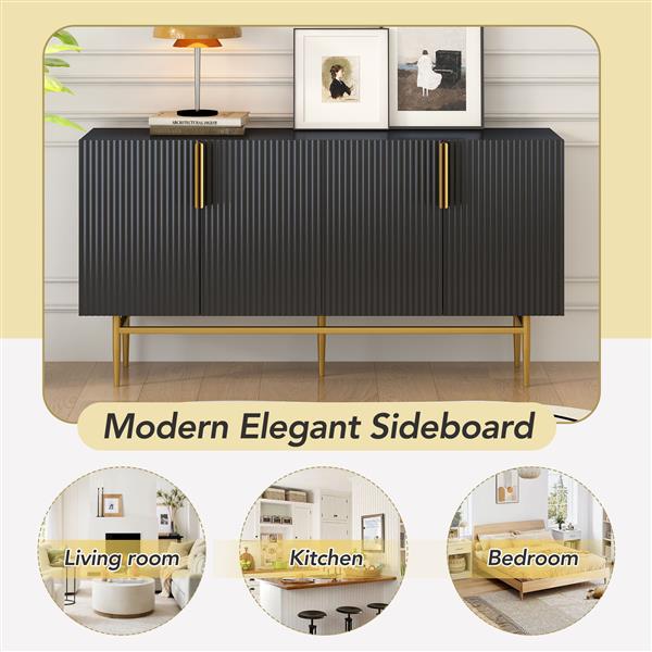 Modern Elegant 4-door Sideboard Gold Metal Handle Buffet Cabinet for Dining Room, Living Room, Bedroom, Hallway (Black)