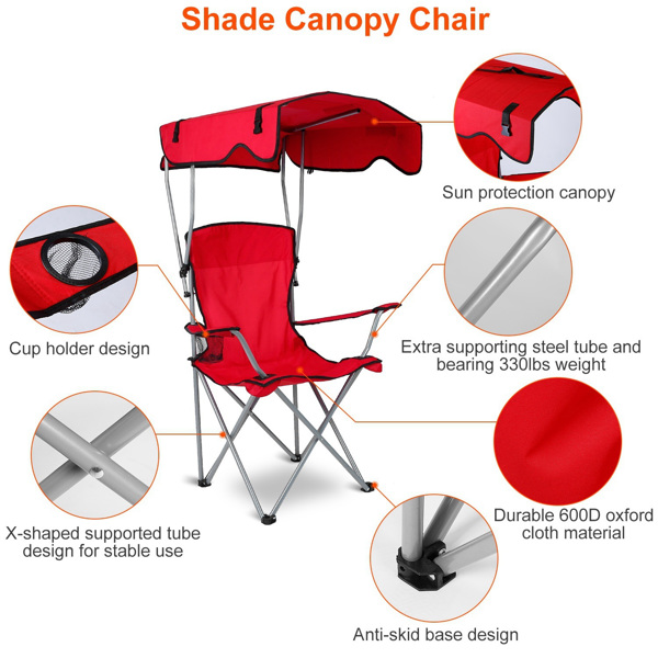 Camping Chairs with Shade Canopy for Adults, Foldable Portable Canopy Chair, Folding Lawn Outdoor Chair with Canopy for Beach, Camping, Support 330LBS--Red（No shipment on weekends）