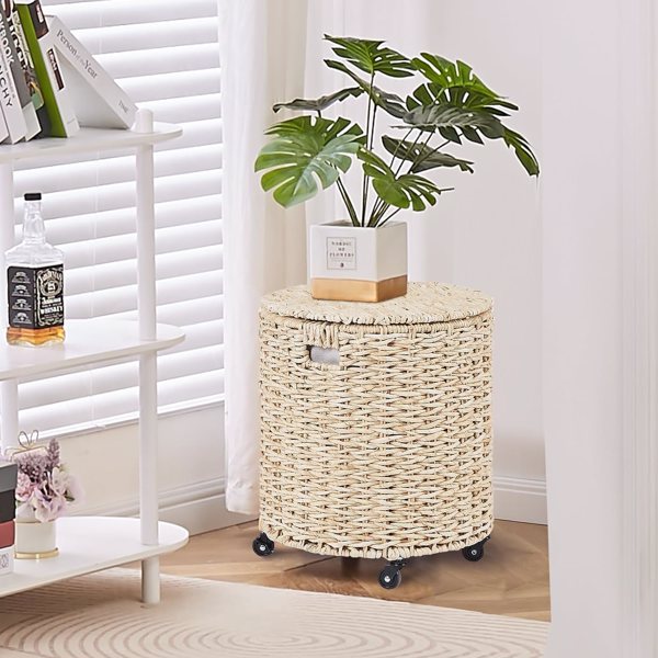 Vintage Storage Basket, Multipurpose Rolling Hamper With Brakable Wheels and Lid, Braid Laundry Bin, Handwave Clothes Toy Organizer Tote for Living Room