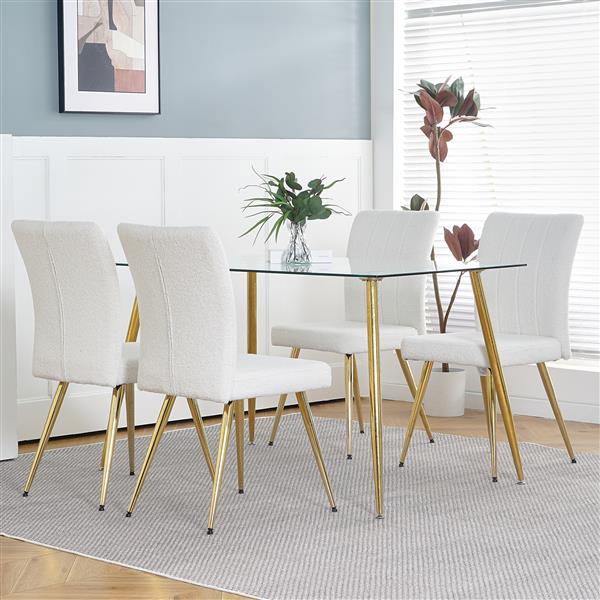 Modern White teddy wool dining chair, upholstered chair with fabric accent side chair with gold-plated metal legs for family furniture living room, bedroom, kitchen, dining room(set of 4)