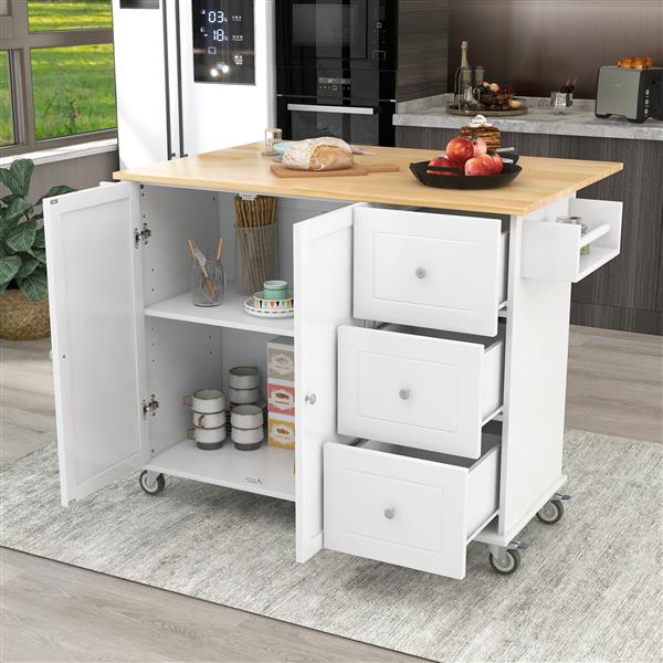 Rolling Mobile Kitchen Island with Solid Wood Top and Locking Wheels,52.7 Inch Width,Storage Cabinet and Drop Leaf Breakfast Bar,Spice Rack, Towel Rack & Drawer (White)