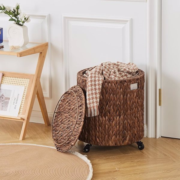 Vintage Storage Basket, Multipurpose Rolling Hamper With Brakable Wheels and Lid, Braid Laundry Bin, Handwave Clothes Toy Organizer Tote for Living Room