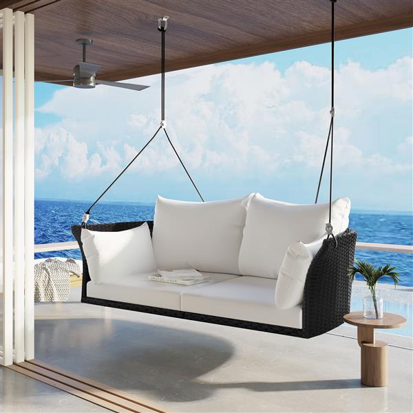 51.9" 2-Person Hanging Seat, Rattan Woven Swing Chair, Porch Swing With Ropes, Black Wicker And White Cushion