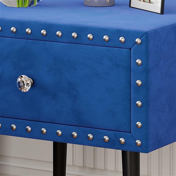 Modern Nightstands Set of 2 with Drawer and Crystal Handle, Elegant Rivet Velvet Design Bedside Table for Bedroom, Blue