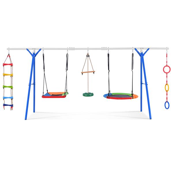 5 in 1 Outdoor Toddler Swing Set for Backyard, Playground Swing Sets with Steel Frame, Multifunction Playsets for Kids with Climbing Ladder, Saucer Swing, Monkey Bar Swing, Disc Swing and Swing Ring