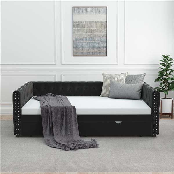 Daybed with Trundle Velvet Upholstered Tufted Sofa Bed, with Button and Copper Nail onSquare Arms,Full Daybed & Twin Trundle-  For Bedroom, Living Room, Guest Room,(83"x57"x26")