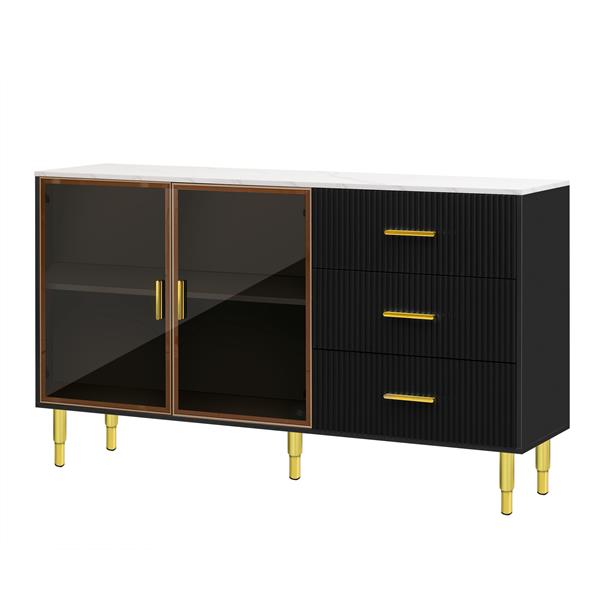 Modern Sideboard MDF Buffet Cabinet Marble Sticker Tabletop and Amber-yellow Tempered Glass Doors with Gold Metal Legs & Handles (Black)