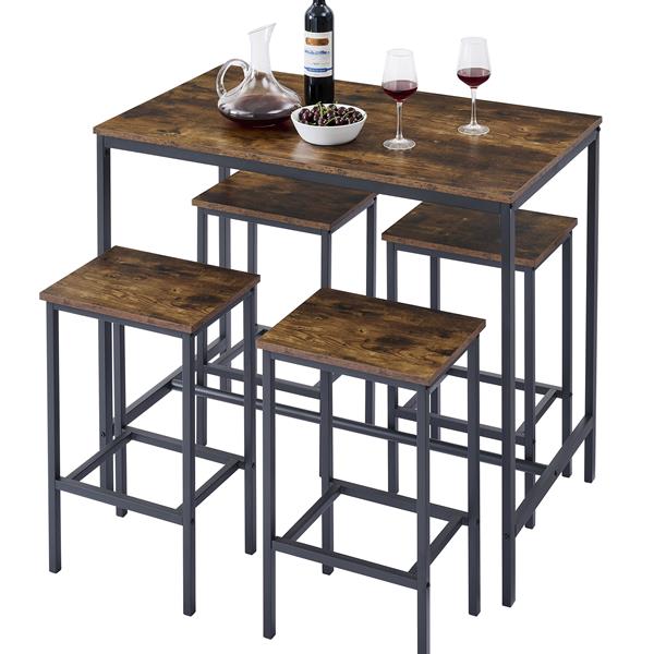 5PC Dinging table set with high stools, structural strengthening, industrial style. Rustic Brown,41.73"L x 23.62"W x 35.23"H