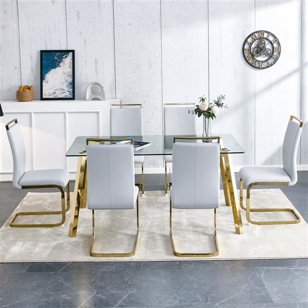 Modern minimalist style rectangular glass dining table with tempered glass tabletop and golden metal legs, suitable for kitchen, dining room, and living room, 63 inches * 35.4 inches * 30 inches