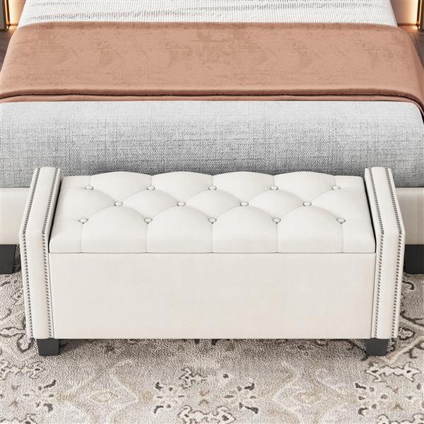 Upholstered Velvet Storage Bench for Bedroom, End of Bed Bench with Rivet Design, Tufted Foot Rest Stool,Beige