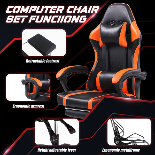 Video Game Chairs for Adults, PU Leather Gaming Chair with Footrest, 360°Swivel Adjustable Lumbar Pillow Gamer Chair, Comfortable Computer Chair for Heavy People, Orange