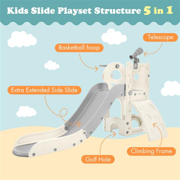 Kids Slide Playset Structure 5 in 1,   Spaceship Set with Slide, Telescope and Basketball Hoop, Golf Holes for Toddlers, Kids Climbers Playground