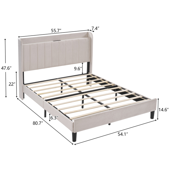 Full Size Velvet Bed Frame with Charging Station and Storage Shelf, Upholstered Platform Bed with Vertical Channel Tufted Wingback Headboard, No Box Spring Needed, Easy Assembly, Off-white