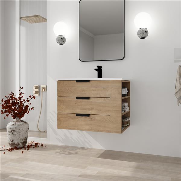 30 Inch Wall Mounting Bathroomg Vanity With Sink, Soft Close Drawer and Side Shelf