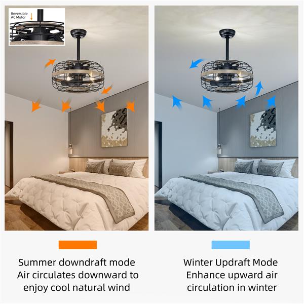 18'' Farmhouse Ceiling Fans  Light - Caged Ceiling Fan with Remote Control (3-Speeds Adjustable), Wood Rustic Enclosed Reversible Ceiling Fans for Bedroom , Living Room, Kitchen.