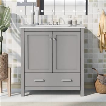 30\\" Gray Bathroom Vanity with Single Sink, Combo Cabinet Undermount Sink, Bathroom Storage Cabinet with 2 Doors and a Drawer, Soft Closing, Multifunctional Storage, Solid Wood Frame