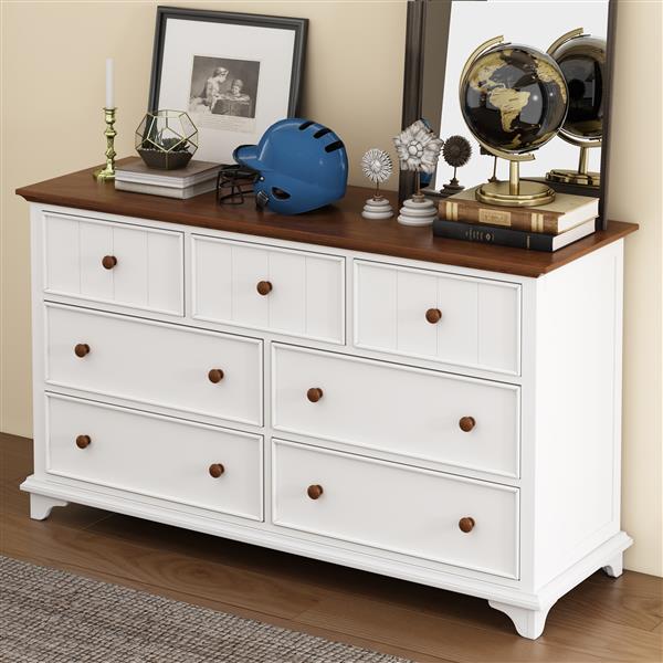 Wooden Captain Seven-Drawer Dresser for Bedroom, Living Room, Kids' Room, White+Walnut