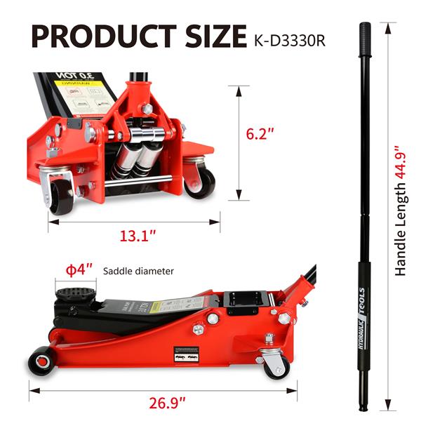 Hydraulic Low Profile and Steel Racing Floor Jack with Dual Piston Quick Lift Pump,3 Ton (6600 lb) Capacity,  Lifting range 3.3"-18.5"