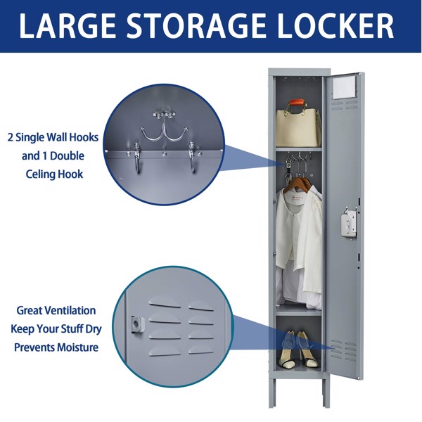 1 Door 66"H Metal Lockers With Lock for Employees,Storage Locker Cabinet for Home Gym Office School Garage,Gray