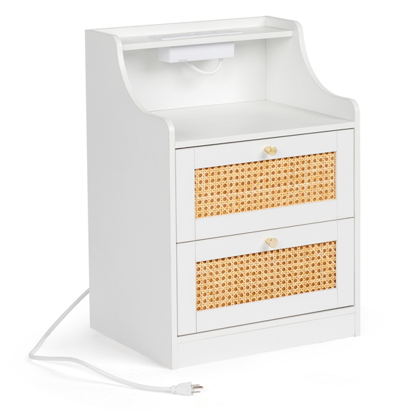 [] white particleboard with triamine matt gold tapered handle 45*35*63cm rattan two drawers with compartments bedside table 1 wireless + 2 USB ports + 2 US standard three-plug ports