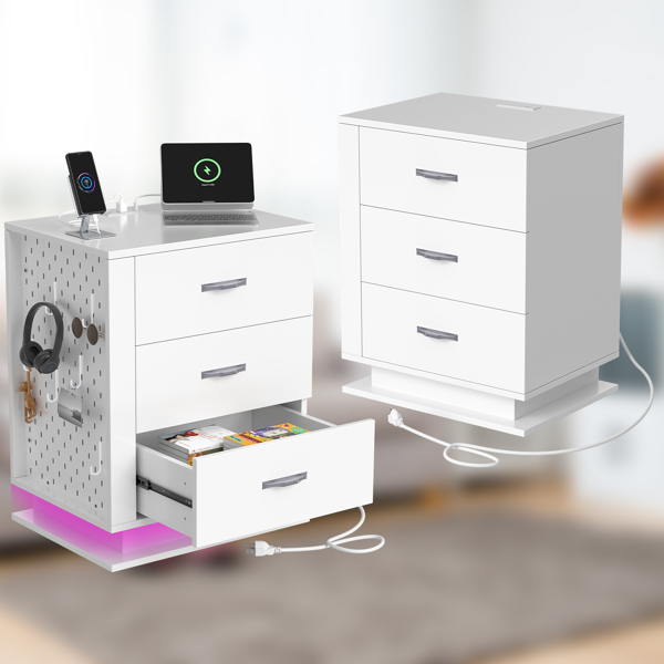 RGB LED With with Charging Station and USB Ports 3 Drawer Side Cabinet Bedside Table Nightstand Right Side White