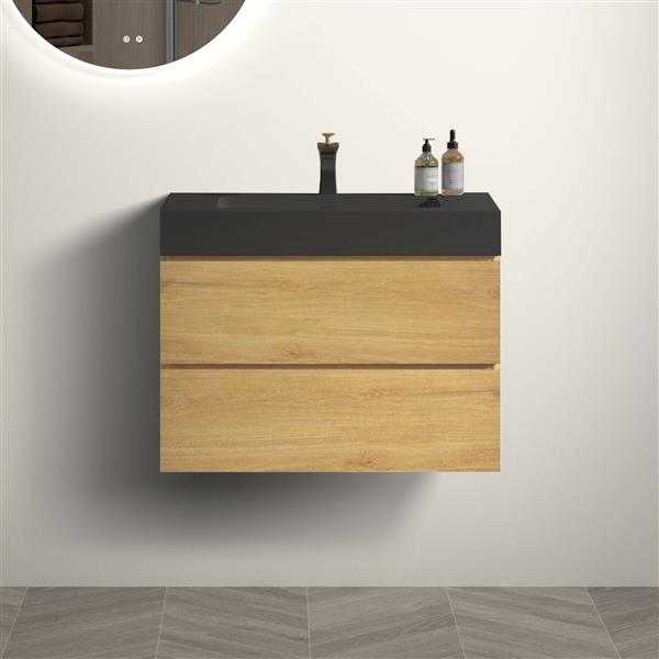 30" Natural Oak Bathroom Vanity with Sink, Large Storage Wall Mounted Floating Bathroom Vanity for Modern Bathroom, One-Piece Black Sink Basin WITHOUT Drain and Faucet