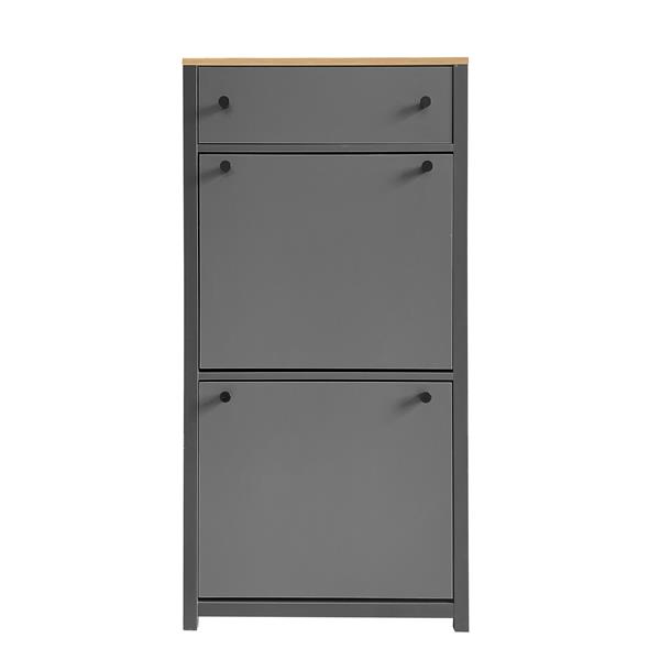 Functional Entryway Organizer with 2 Flip Drawers, Wood Grain Pattern Top Shoe Cabinet with Drawer, Free Standing Shoe Rack with Adjustable Panel for Hallway, Grey