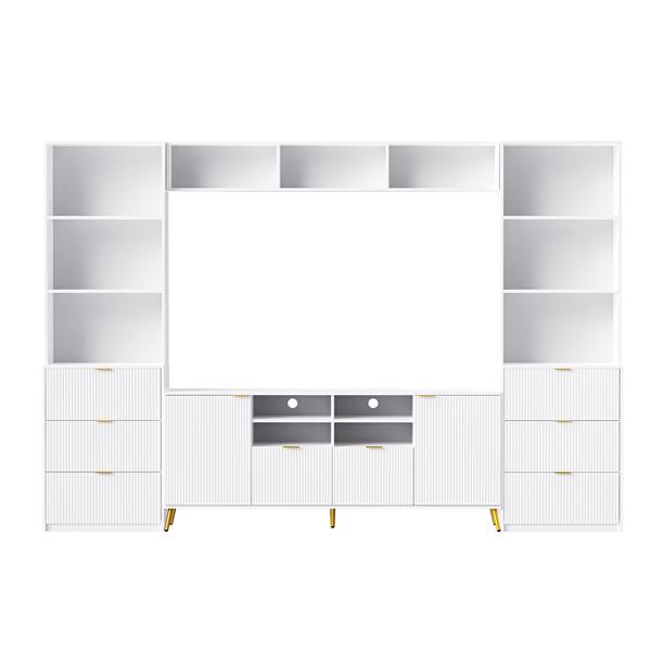 4-Piece Entertainment Wall Unit with 13 shelves,8 Drawers and 2 Cabinets, Multifunctional TV Stand Media Storage Cabinet with Fluted Line Surface for Living Room, for TVs Up to 70"