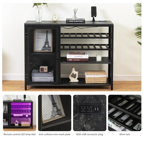 Bar Cabinet,Wine Bar Cabinet,Liquor Storage Credenza,Sideboard with Wine Racks & Stemware Holder,With UAB socket,Metal bracket,Canbeplacedin familybars,hallways,living rooms,Color:black+Marble texture