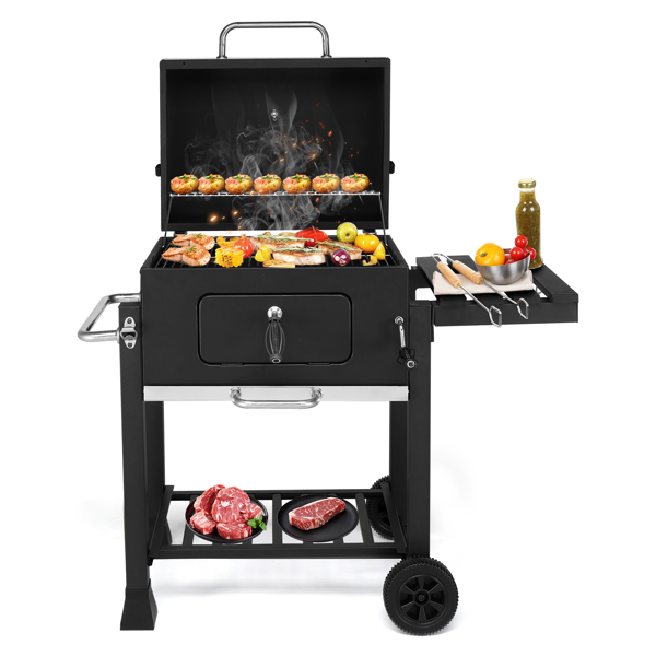 Charcoal Grill with Foldable Side Table and Wheels, Heavy-duty BBQ Grill for Outdoor Picnics Patio Garden and Backyard Grilling