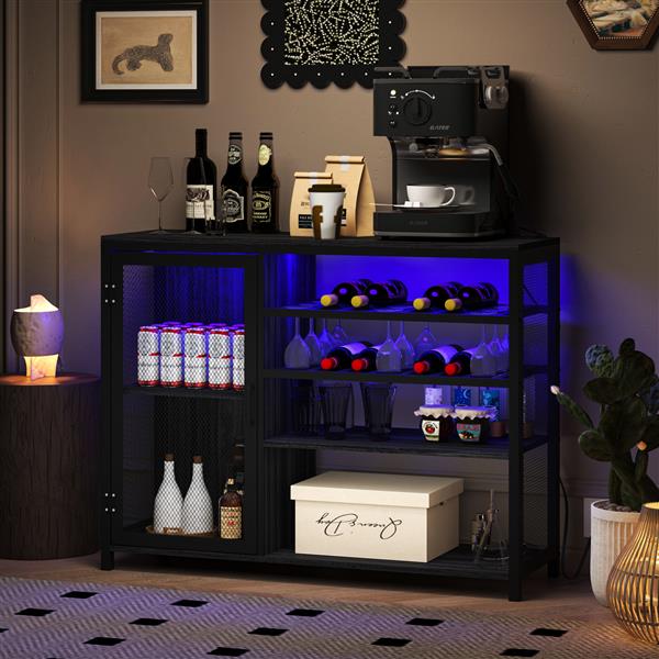 Bar Cabinet,Wine Bar Cabinet,Liquor Storage Credenza,Sideboard with Wine Racks & Stemware Holder,With UAB socket,Metal bracket,placed in family bars,hallways,living rooms,Color:Gray+Silver silk thread