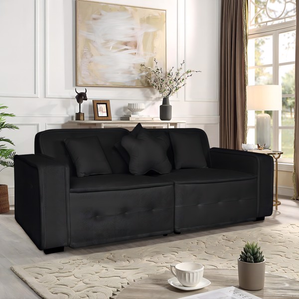 Black, Velvet cloth Modern Indoor Sofa With Three Pillows, 93.50"*35.23"*30.70"