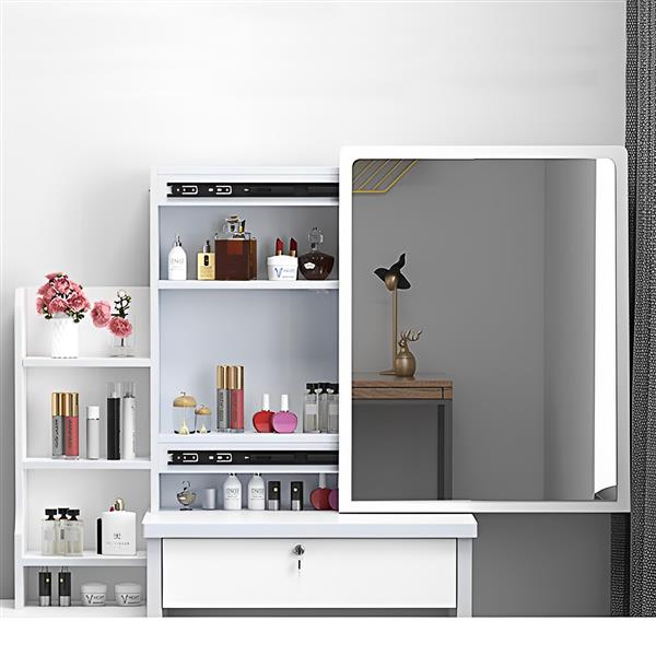 Fashion Vanity Desk with Mirror and Lights for Makeup and Chair, Vanity Mirror with Lights and Table Set with 3 Color Lighting Brightness Adjustable, 4 Drawers, White Color