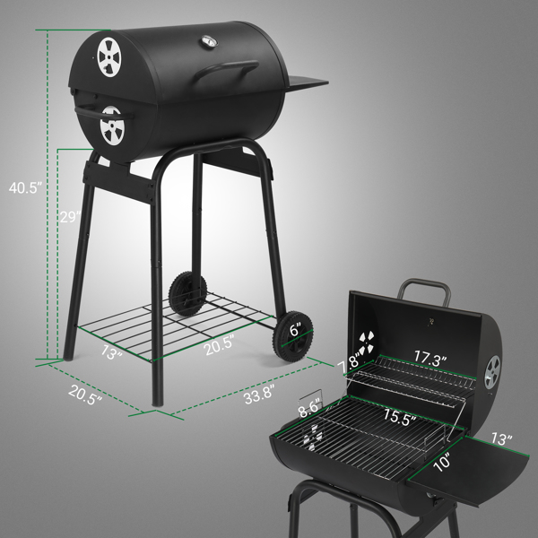 Charcoal Grills Outdoor BBQ Grill, Barrel Charcoal Grill with Side Table and Wheels, for Outdoor Backyard Camping Picnics Patio and Parties