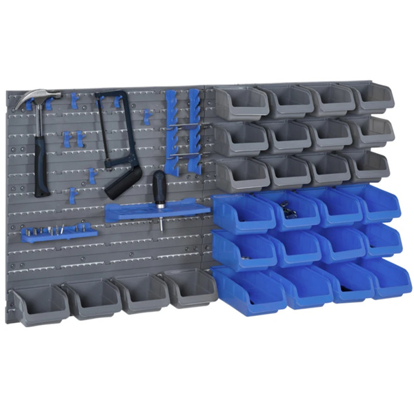 Blue wall mounted tool storage rack kit with storage box