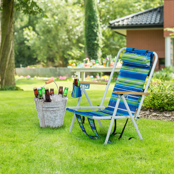 Folding Beach Chair Set of 2 for Adults, 4 Position Portable Backpack Foldable Camping Chair with Headrest Cup Holder and Wooden Armrests, Blue & Green Stripes